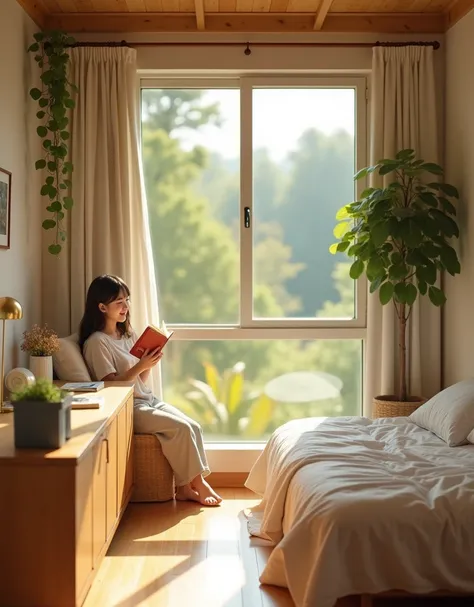 High-quality photograph of a girl sitting half-lying on a bed with a book and laughing.