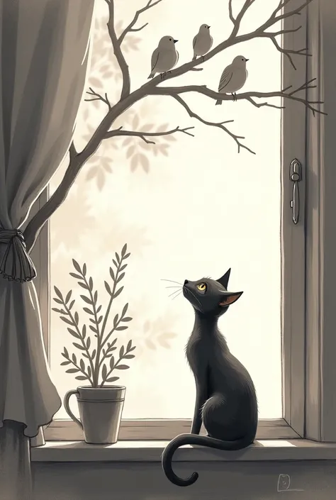 Can you give me an image of a cat that always looks at birds and its dream is to sing like the birds?  ( Can you make me a drawing without color?)