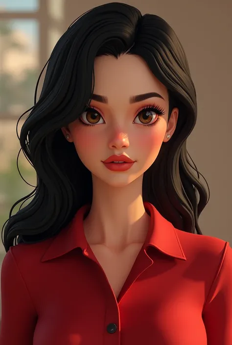 Personajes de dibujos animados de una mujer joven PIEL BEIGE CABELLO LISO, LARGO Y NEGRO, CON UN ARETE EN LA NARIZ y una camisa POLO ROJA renderizado de estilo de animación, 3D estilizado, Arnold Maya renderizado, Render 3D estilizado, , Personaje 3D, Pers...