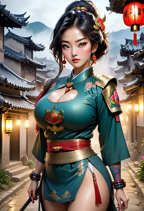 ((masterpiece, best quality, perfect eyes, perfect face, perfect anatomy, highly dramatic picture, cinematic lens effect, exquisite lighting ((feudal Korean village)), ((Busty Bitches)), 1girl(1 milf))) my friends milf mom doing a photoshoot (powerful infl...