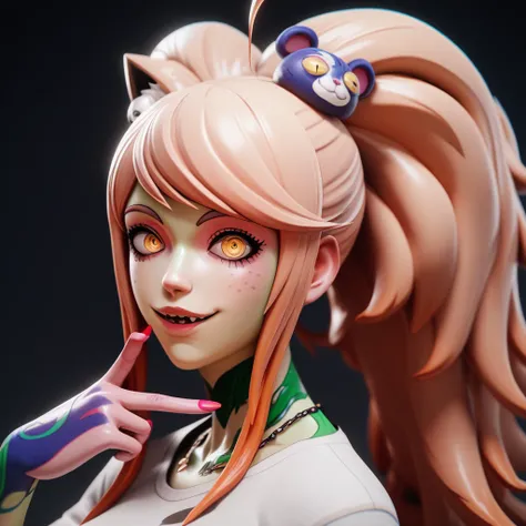 Neeko cartoon drawing of a woman with a cat head and a cat face, head is up, an ahoge stands up on her head, heavy gesture style closeup, junko enoshima from danganronpa, by Shingei, third eyes middle of foreheads, head is centered, junko enoshima, looming...