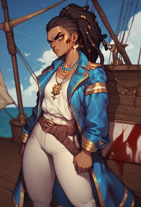 black pirate woman with long dreadlocks tied in a ponytail, yellow eyes clothes covered in blood, small breasts, blue coat, whit...