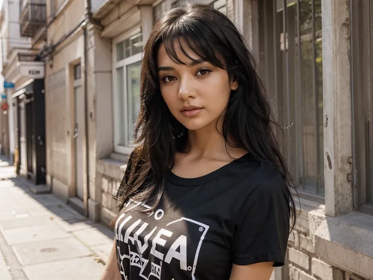 woman 30year, hair black, brown eyes, black t shirt