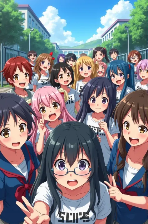 20 personnes (6 boys and 14 girls) taking a picture like a class photo. Tous vêtus comme de otakus. Two boys arguing. Three girls taking a selfie. Une fille à lunettes en train de trébucher. A schoolyard background 