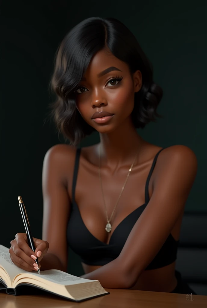 Beautiful black girl, student, holding book and pen, seductive, pose, cute,  low haircut, sexy pose, realistic, high esolution, detailed, black background 