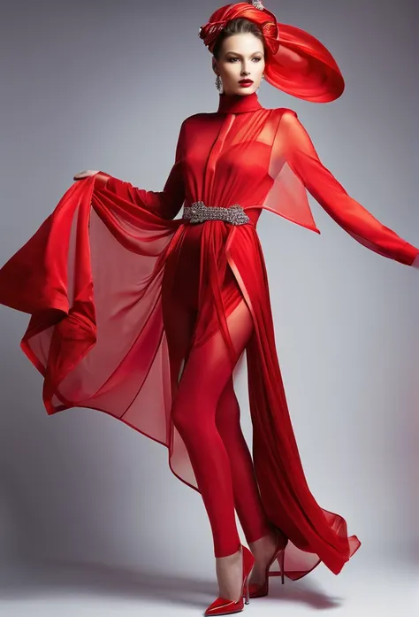 beautiful sexy woman, beautiful avant-garde style, full length , Beautiful red, Silk, transparent, flying clothes ,  Accessories ,Bag,