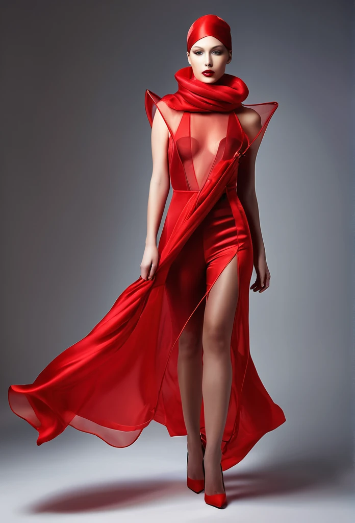 beautiful sexy woman, beautiful avant-garde style, full length , Beautiful red, Silk, transparent, flying clothes ,  Accessories ,Bag,