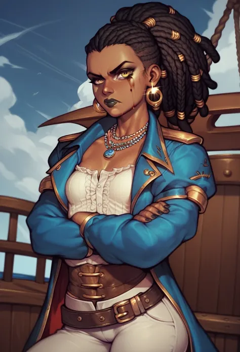 black pirate woman with long dreadlocks tied in a ponytail, black lipstick, yellow eyes clothes covered in blood, small breasts,...