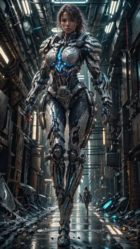 masterpiece, best quality, ultra realistic, hyper-detailed, 8k resolution, RAW photo, sharp focus, (1girl), solo, gorgeous face, perfect body, mature female, 25yo, 1/4 turned, mid-stride walking, portrait, mecha, white armor, nanosuit, sexy, messy hair, ci...