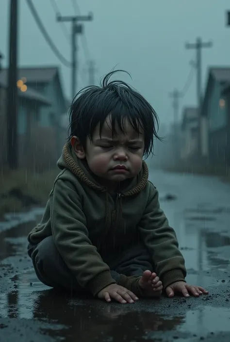 Child crying in the rain on a dark day 