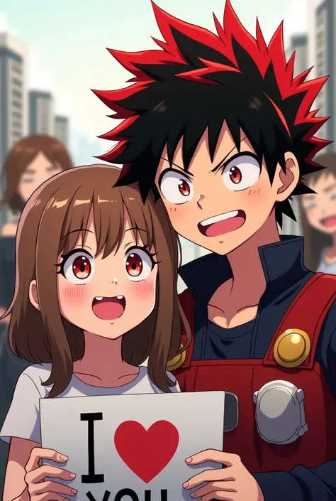 A brown-haired girl taking a selfie with Katsuki Bakugo, he has red pupils and an angry but happy expression for the selfie and gives me a poster of (I Love You) ,a number one hero from boku no hero academia 