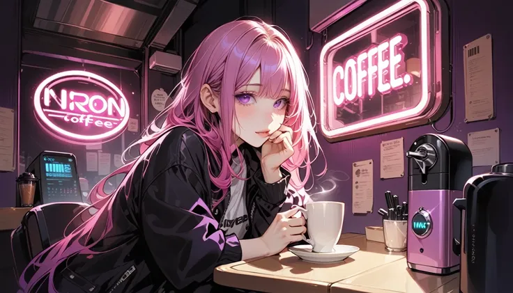 Illustrator, anime , Realistic ,sketch, 1 person, ,lip,sitting on a sofa in a cafe in the morning,Drinking coffee,(masterpiece,Highest quality) Pink and violet hair,Droopy eyes, (masterpiece,Highest quality) ,whole body,Left hand supporting face,