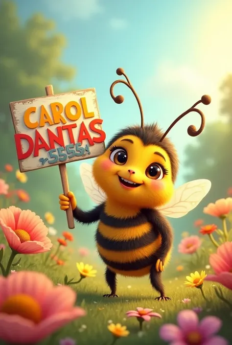 generate an image of a cute bee holding a sign with the number and name "Carol Dantas" and number
"55555" para usar de header 
