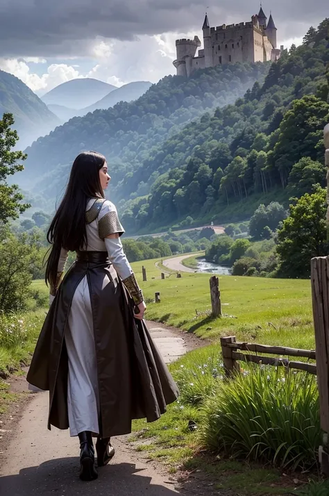 lonely woman is walking backwards. she is wearing a very revealing medieval female outfit. she is on a dirt path in a forest. the forest is very dense and detailed. the sky is clear with clouds. in the background a storm is forming with lightning. puddle o...