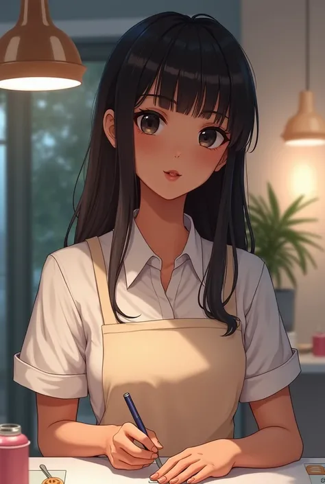 A girl height 1.53 dark cinnamon skin long straight hair with bangs on the forehead and black round face slightly large and black eyes slightly thick lips flat nose wearing a manicurist uniform in a salon 