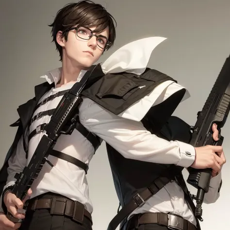 White skinned boy, with round glasses, short dark brown hair, kind of messy, brown dark eyes, serious expression, holding a gun and wearing cyberpunk style army clothes 