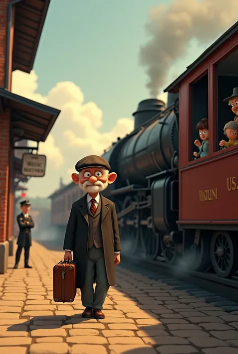 Make a short, animated old man leaving town on an old Disney-style train.