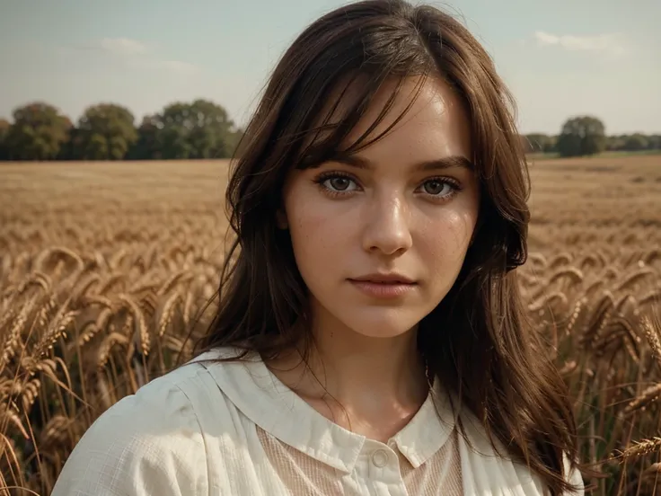 A beautiful woman with dark brown hair stands in a field of red wheat, wearing a white dress and looking at the camera in a close-up shot. This appears to be a screencap from a Wes Anderson film or a fashion editorial, with a highly detailed, cinematic, an...