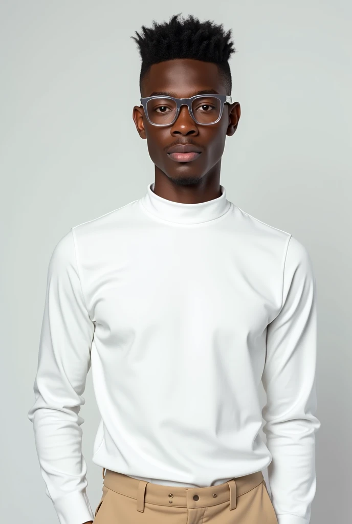 best qualityer:1.4), (ultra high resolution:1.2), (photorrealistic:1.6), (8k, CRU photo:1.2),  a 20 year old dark skinned young man. Haircut with shaved sides and short top. He is wearing a white long-sleeved, high-neck shirt.. beige social pants. transpar...