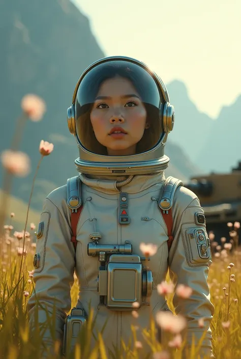 awardwinning (whole body:0.8) (Portrait photo:1.3) of a young female (Science fiction astronaut:1.3) with an (army tank:1.4), (Stargate:1.4), looking at a lush green alien planet, (mountainscape:1.2) (Tall Grass:1.4), stones, fluffy clouds in the sky, tren...