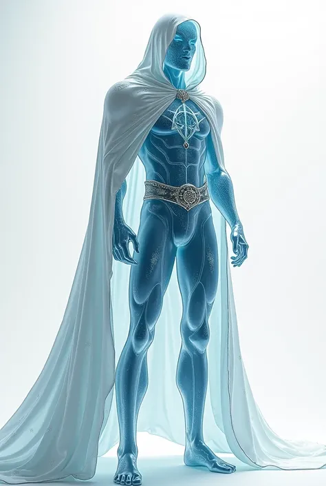 Humanoid man made of faceless crystals, His body is translucent and filled with mist inside with rune symbols all over his body, with a white hooded cape with light fabrics that spread to the floor in silver details, image without background in dc comics a...