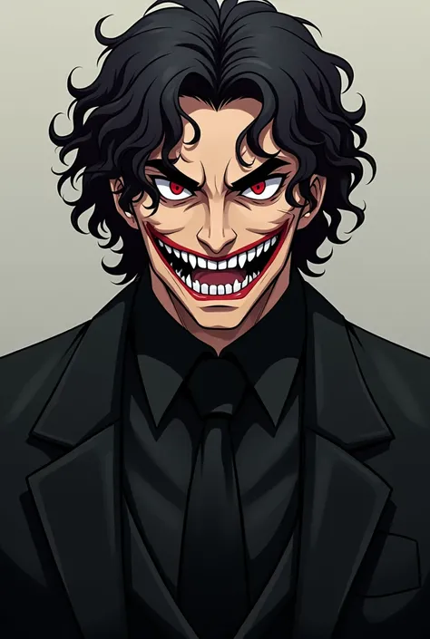 Anime man over 40 years old, curly hair, black color with dark red highlights, Red eyes, a big evil smile, black suit.