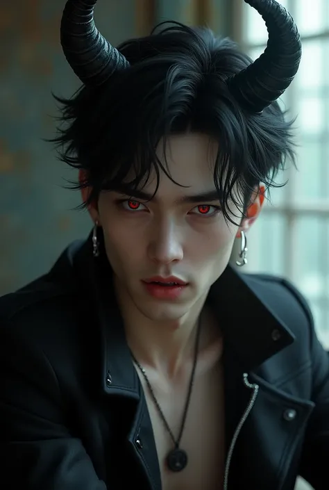 sehr young, Sexy male vampire, young, 19 years, Man with demon horns, black hair and red eyes, sehr young, smile, smile, vampire teeth