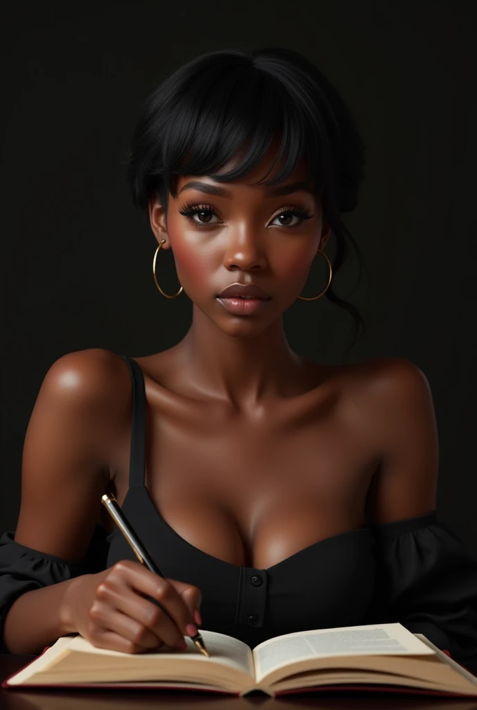 Beautiful black girl, student, holding book and pen, seductive, pose, cute,  low haircut, sexy pose, realistic, high esolution, detailed, black background 