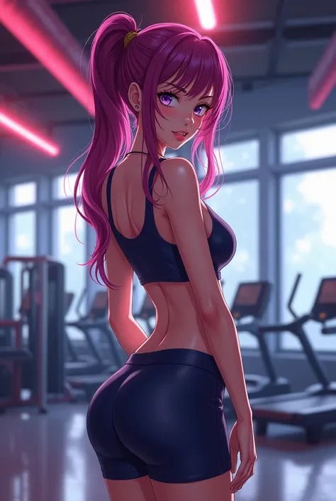 create an anime version woman with clothes and gym in a sensual pose