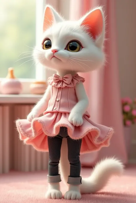 A cute tall  white  cat dressed in pink skirt and black jeans 