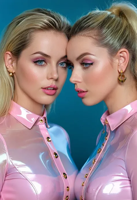 ​masterpiece, top quality, realisti, beautiful female twins in transparent latex blouses, Shiny natural skin texture, Latex blouse in pink and light blue, Buttoned latex blouse, perfect anatomy, Perfect female body, identical face, busty, stunning eyes, Ul...