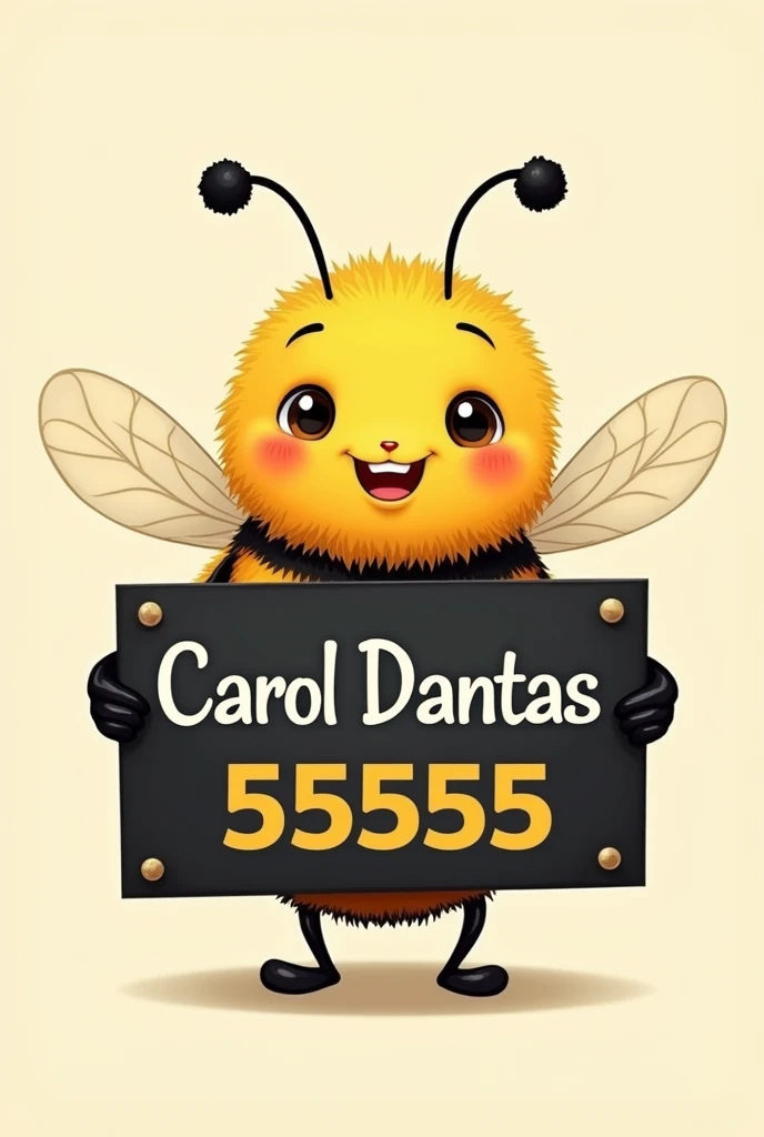 generate an image of a cute bee holding a sign with the number and name "Carol Dantas" and number
"55555" with black and yellow colors to use as a header 
