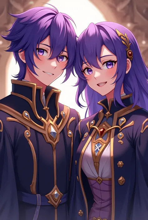 A purple haired man and a purple haired woman, guild leaders, they were both happy looking at the camera 