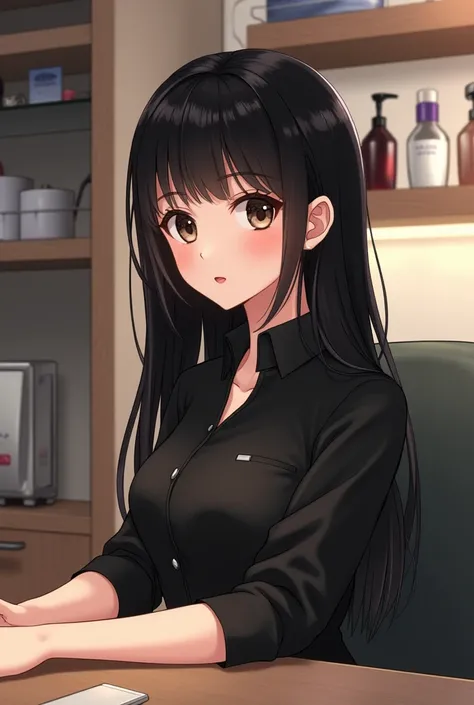 A girl height 1.53 long straight hair with bangs on the forehead, very black color, round face, slightly large and very black eyes, slightly thick lips, flat nose, wearing a manicurist uniform in a salon, dressed in black, cinnamon skin 