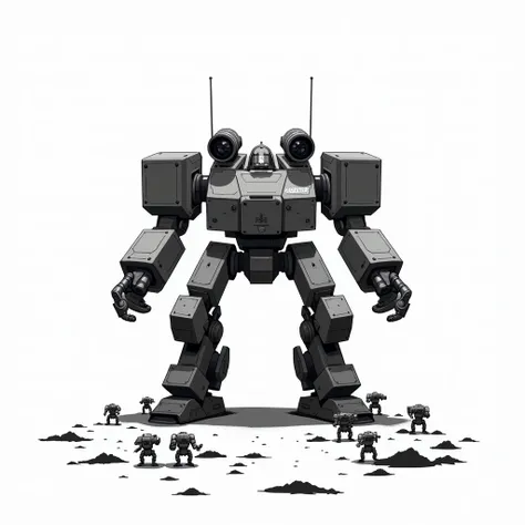 A mech with two legs and outfitted with huge square gladiator type of shields and mini guns on its shoulders, surrounded by tiny mechs on the sides, full body frontal, simple_background, white_background, reggie steel, metallic, black sand, laser sight, ow...