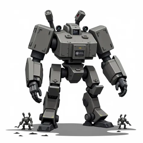 A mech with two legs and outfitted with huge square gladiator type of shields and mini guns on its shoulders, surrounded by tiny mechs on the sides, full body frontal, simple_background, white_background, reggie steel, metallic, black sand, laser sight, ow...