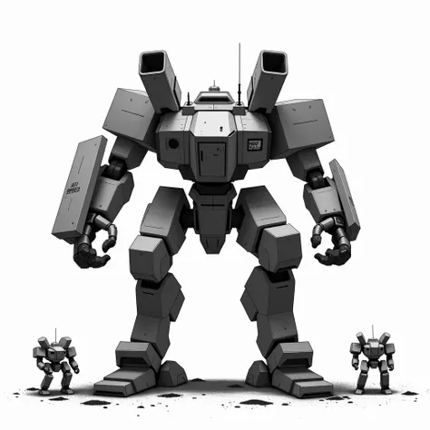 A mech with two legs and outfitted with huge square gladiator type of shields and mini guns on its shoulders, surrounded by tiny mechs on the sides, full body frontal, simple_background, white_background, reggie steel, metallic, black sand, laser sight, ow...