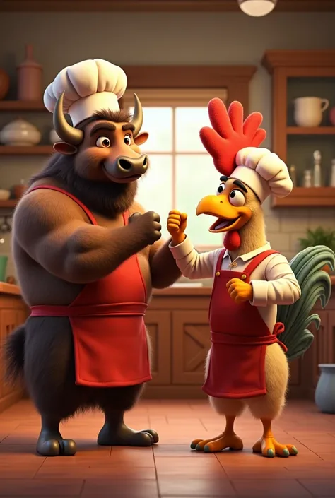 Animated image of a muscular bison chef with a rooster chef fist bumping in a friendship gesture looking straight ahead