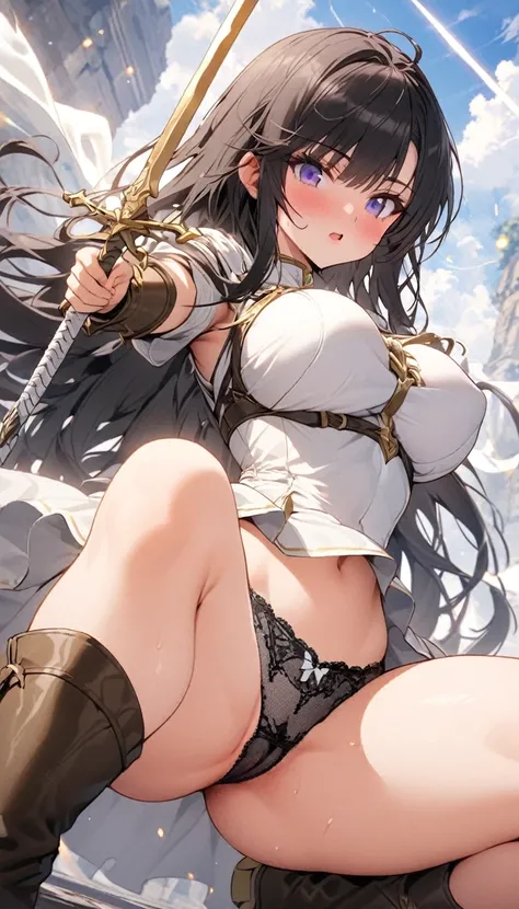 Ultra-high definition image quality、beautiful girl、Female Swordsman、Light Armor、Greeboots、Long Hair、Black Hair、20-year-old、have confidence々face、Very short tight skirt、Sexy stance、Cowgirl、wilderness、Highest quality,Big Ass、Big Breasts、Thighs、god槍グングニルを握る、Bl...