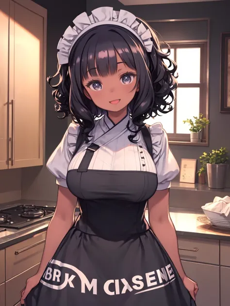 One Woman、Black housekeeper、maid、African American、Afro Hair、Curly Hair、Black Hair、Dark Skin、Standing in the kitchen、Upper Body、Thick lips、Big Mouth、smile、Open your mouth a little、Big Breasts、Huge breasts、Apron appearance、