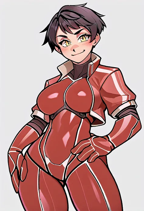 score_5_up, score_6_up, score_7_up,
1girl, bangs, black hair, blush, breasts, closed mouth, cowboy shot, cropped jacket, grey background, hand on hip, bodysuit, jacket, medium breasts, looking at viewer, open clothes, open jacket, red jacket, short hair, s...