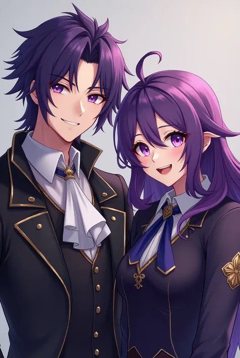 A purple haired man and a purple haired woman, guild leaders, they were both smiling looking at the camera 