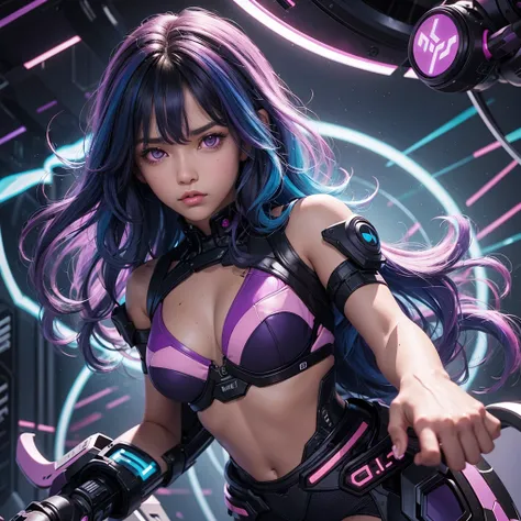 a tanned skinned girl, shoulder length curly hair with bangs, black with blue highlights, purple and pink, with dark purple eyes, serious expression, cyberpunkstyle