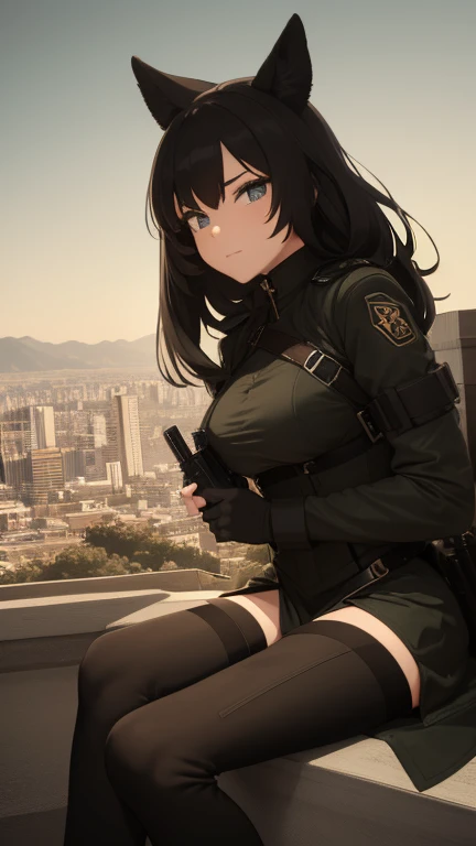 girl in somewhat revealing military outfit, sniper in hand, sitting on the edge of a tall building, long black fur, medium chest, medium thighs, big boots