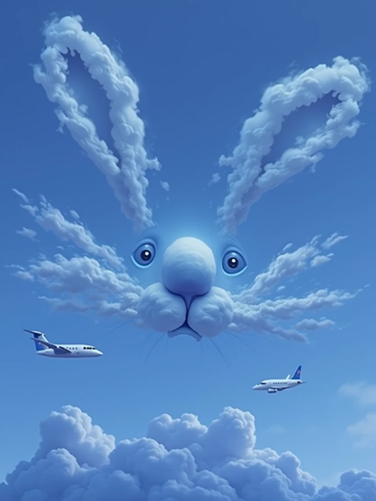 Rajouter des nuages sous ces 3 avions afin de faire une bouche de lapin. Les 2 avions aux extrémités formant les yeux, et le gros au centre le nez du lapin. Rajouter également un nuage pour faire loreille gauche du lapin, et un autre nuage pour faire lorei...