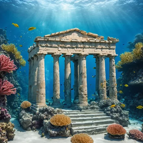 exterior façade of a greek temple in ruins under the ocean, underwater, sea corals, tube corals, sea, ocean background