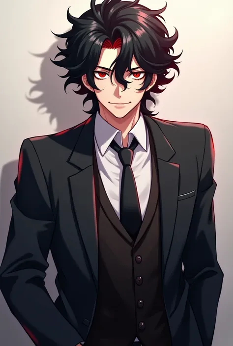 Anime man over 40 years old, curly hair, black color with dark red highlights, Red eyes, a kind and cynical smile, black suit.