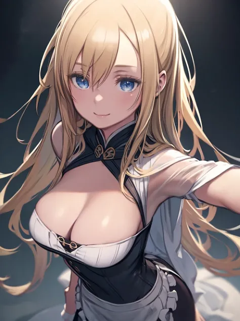 One woman、 Blonde Hair, Long Hair, blue eyes, Smiling、Big Breasts、Huge breasts、Data Fashion, Gothicta, apron, dress, undressing, Lifted it himself, panties, Pulling on panties, Unreal Engine, Anime Style, Very detailed, Realistic, 8k, Super detailed, Intri...