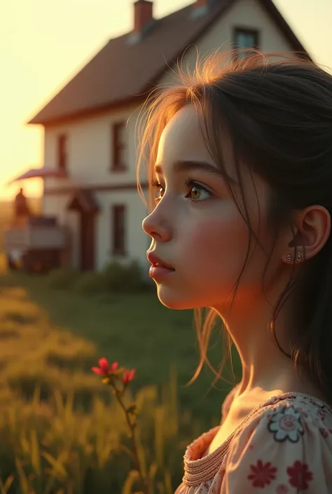 A house in the countryside, an old house, moving truck, nostalgia, ghost, farewell, furniture, children, sadness, memories, 1girl, detailed face, detailed eyes, detailed lips, emotional expression, sunlight, golden hour, realistic, photorealistic, masterpi...