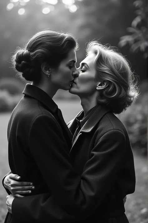 Black and white photograph of Virginia Woolf and Vita Sackville-West kissing outdoors